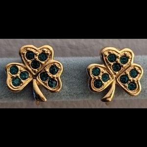 Avon Green Crystal Clover Clip On Earrings